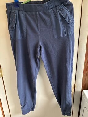 LOGO by Lori Goldstein Blue Ribbed Track Pants with Patch Pockets